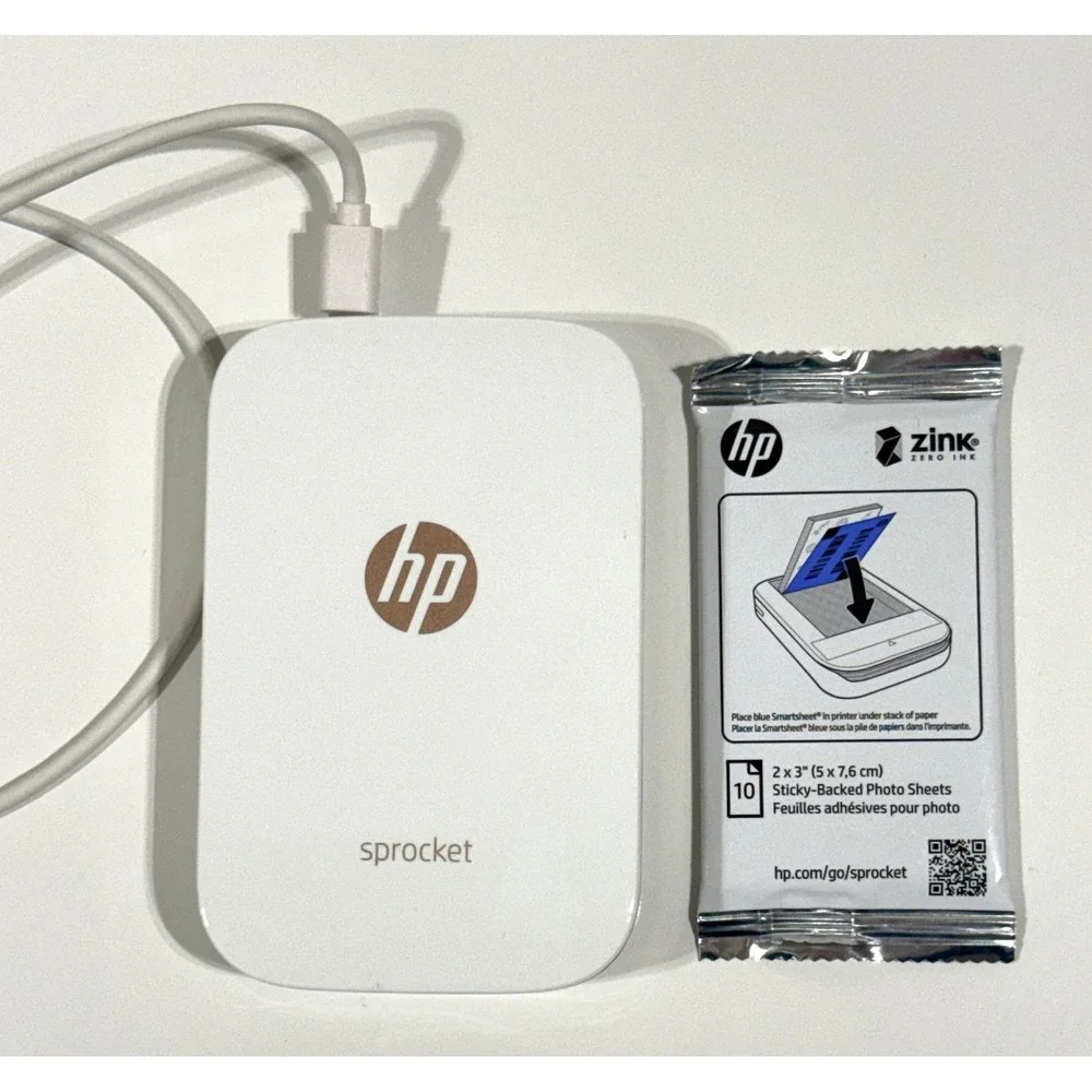 HP Sprocket Portable Photo Printer + Zink Sticky Back Paper & USB Cable WORKS